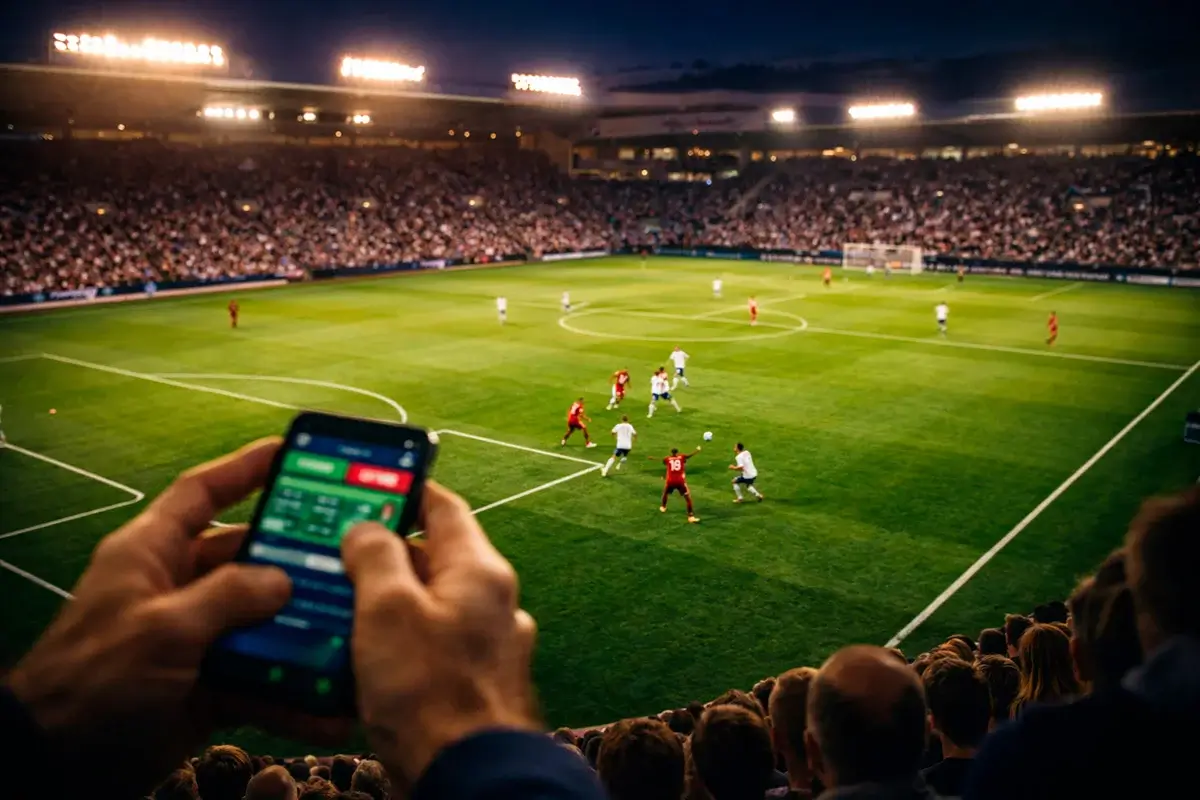 Fußballstadion bei Flutlicht während eines Livespiels mit Blick auf das Spielfeld