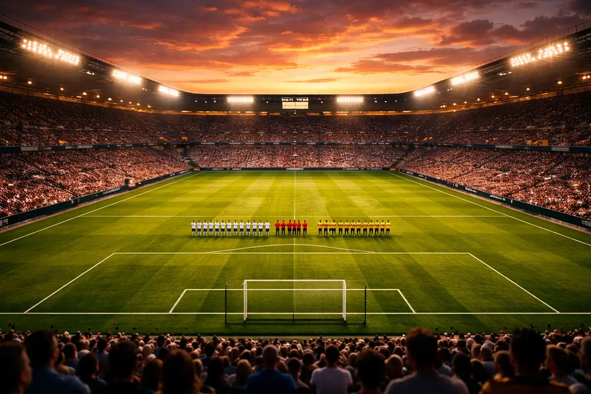 Verschiedene europäische Fußballstadien bei Abendlicht mit grünem Rasen