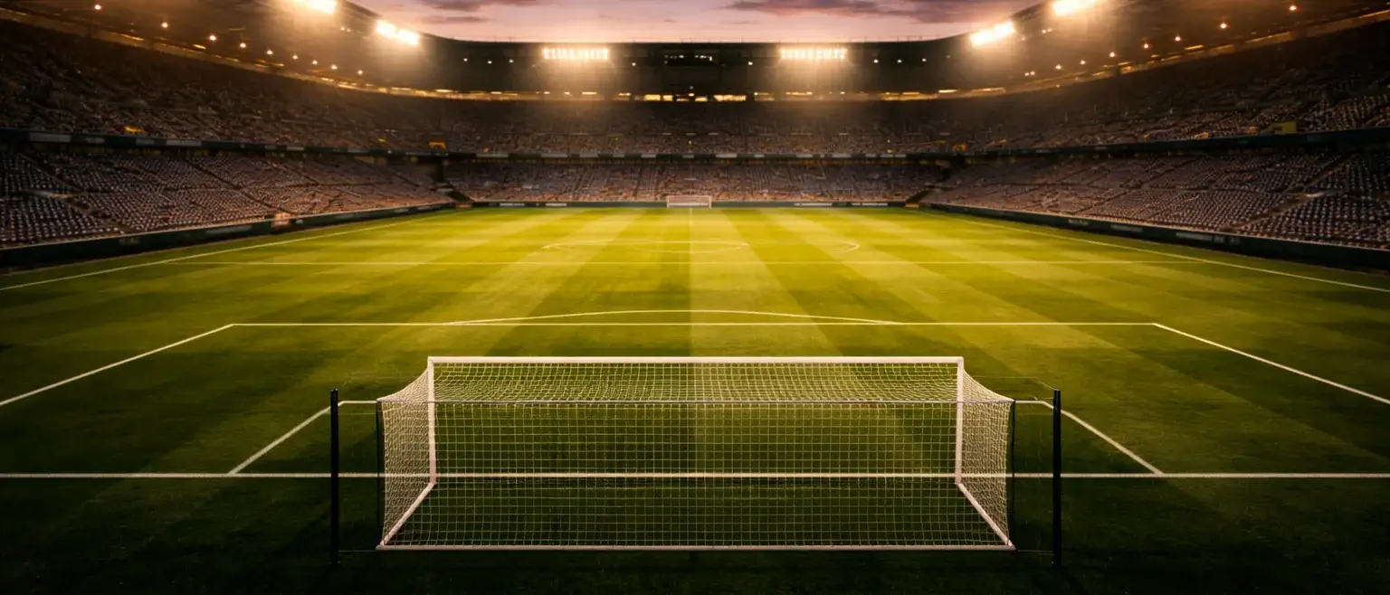 Fußballstadion bei Flutlicht mit dramatischer Atmosphäre vor einem Abendspiel